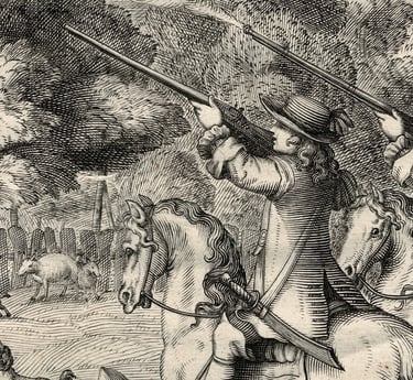 Vintage etching of hunters on horseback firing muskets near a forest with sheep and dogs.