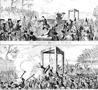 Historical illustration of Jack Sheppard's execution scene with a gallows and a large crowd.