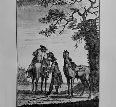 Vintage black and white illustration of Whitney robbing an old usurer on horseback under a tree.