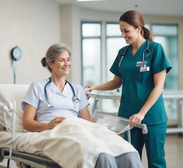 A warm handshake between a nurse and a healthcare recruiter in a bright, welcoming office.