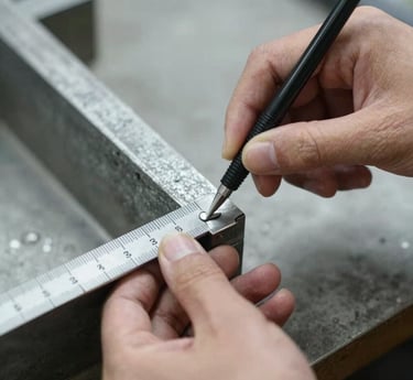 A craftsman carefully measuring materials in a bright workshop.