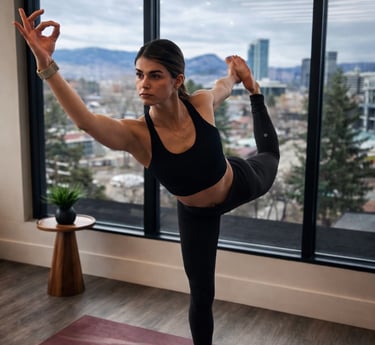 Woman in black activewear performing Lord of the Dance yoga pose on a mat in a high-rise studio.