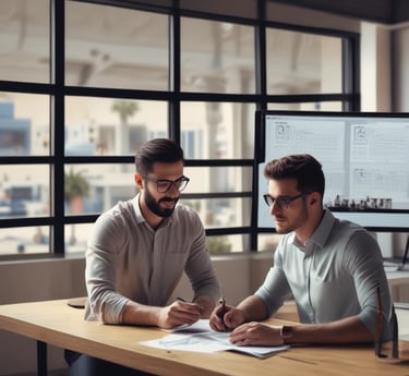 A team collaborating over laptops and sketches, symbolizing personalized digital strategy planning.