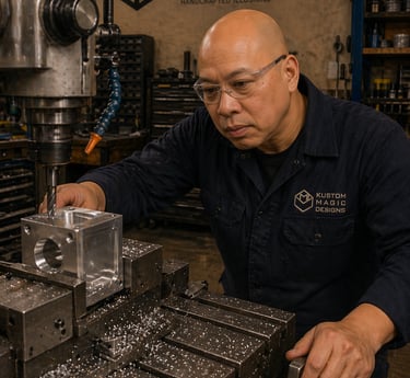 Ray Lum at Kustom Magic Designs uses a vertical milling machine for precision metal fabrication.