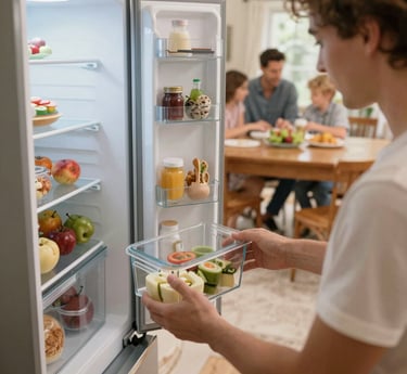 A warm kitchen scene with André plating colorful, fresh batch-cooked meals.