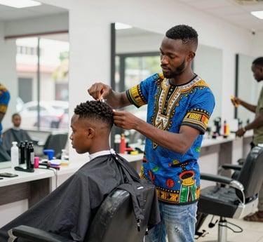 A skilled barber gives a male client a haircut and fade in a modern barbershop setting.