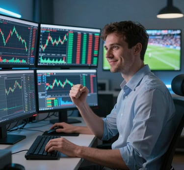 A modern office space with professionals collaborating over financial and sports data on screens.