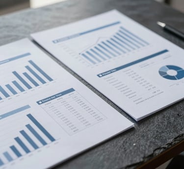 Close-up editorial photograph of structured financial reports and corporate plans on a dark slate table, soft natural side lighting, cool gray and deep navy tones, sharp focus
