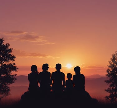 A cozy family kitchen scene with soft peach and sage green accents, showing a mom and kids happily organizing meal plans together.