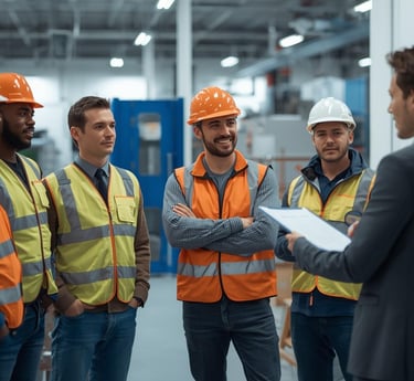 Warehouse manager leading a safety meeting with diverse factory workers in hard hats and vests.