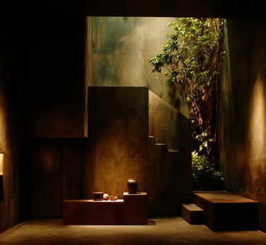 Minimalist interior with brutalist concrete walls, indoor plants, and moody accent lighting on pottery.