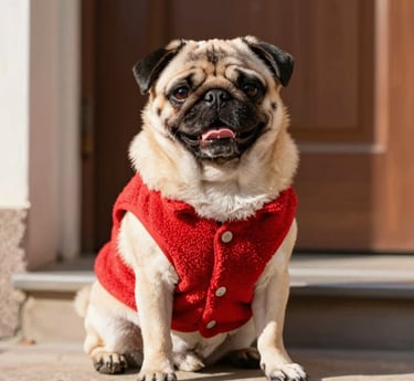 Un adorable perro pug con un chaleco de forro polar rojo sentado en el umbral de una puerta 
