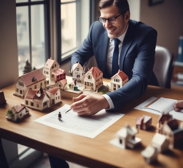 A professional lawyer reviewing property documents in a modern office with warm earthy tones.