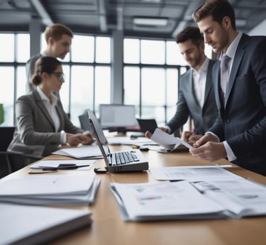 A diverse team collaborating over business documents in a modern office setting.