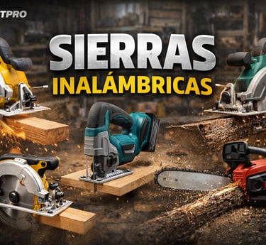 Sierras inalámbricas Batpro: selección de sierra circular, caladora y motosierra cortando madera.