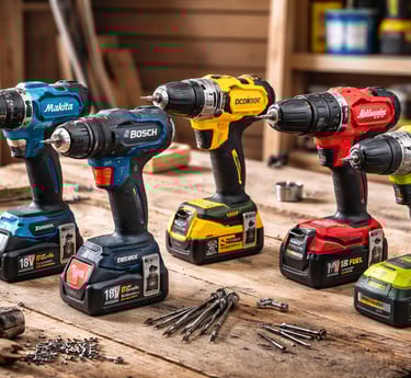 A variety of 18V cordless power drills from Makita, Bosch, Milwaukee, and Ryobi on a wooden workbench.