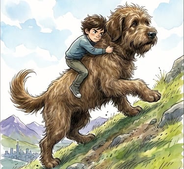 Finn climbing a mountain in the book The Brown Dog of the Green Glen
