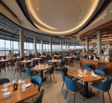 A lively aerial view of KB West Walk showcasing modern buildings, bustling streets, and inviting storefronts under a clear sky.