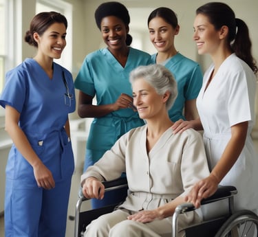 A warm, welcoming healthcare professional smiling while interacting with a patient in a bright clinical setting.