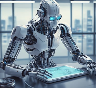 A team of engineers collaborating over futuristic robotic and wireless communication devices in a bright, modern lab.