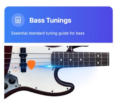 A guide to standard bass tunings featuring a close-up of a bass guitar with orange picks.
