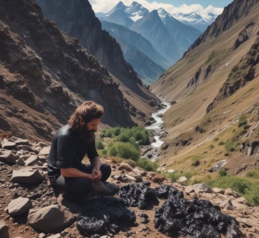 Close-up of rich, dark shilajit resin glistening on a natural stone surface.