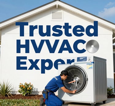 Technician in blue uniform inspecting an air conditioning unit on a sunny day.