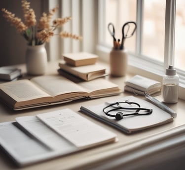 A calm, beautifully styled healthcare workspace with medical textbooks, a stethoscope, neatly arrang