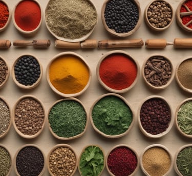 Close-up macro photo of vibrant, hand-picked spices drying slowly on rustic wooden trays.