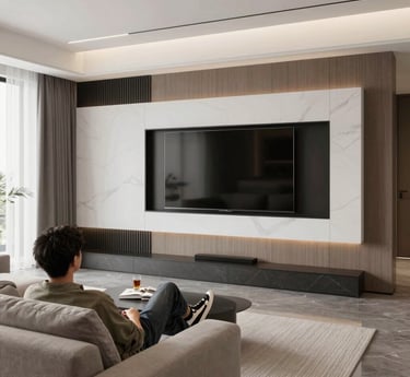 A skilled carpenter carefully installing a custom wooden accent wall in a bright, modern living room.