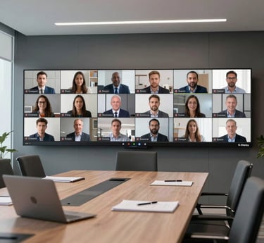 A modern workspace with integrated audio-visual and IT systems glowing softly, illustrating seamless connectivity.