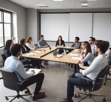 Professional business team collaborating in a modern office environment with strategic charts.