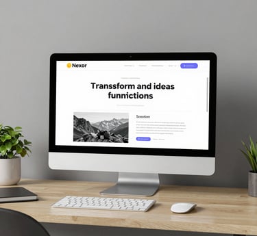 A sleek, modern workspace with dual monitors displaying web design and coding, bathed in blue ambient light.