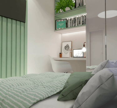 Chambre moderne conçue par Étudexia avec aménagement sur mesure, rangements intégrés et décoration intérieure élégante.