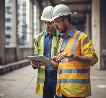 Civil engineer using a tablet during a building inspection in São Paulo.