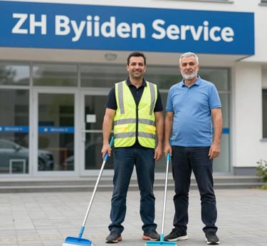 Friendly cleaning staff in blue uniforms working diligently in a bright, spotless office environment.