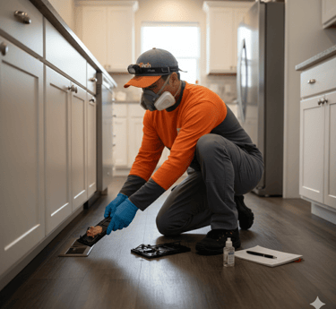 Professional exterminator in protective gear inspecting a kitchen floor vent for pest control.
