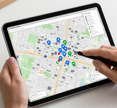 A friendly volunteer pointing at a digital map on a tablet, surrounded by community members.