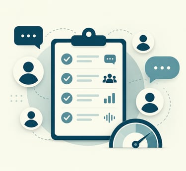 Flat design illustration of a business task management clipboard with user icons and data analytics metrics.