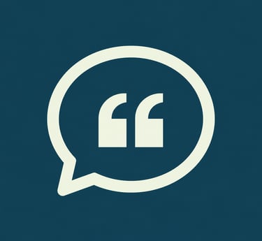 White speech bubble icon with quotation marks on a dark blue background representing quotes and testimonials.