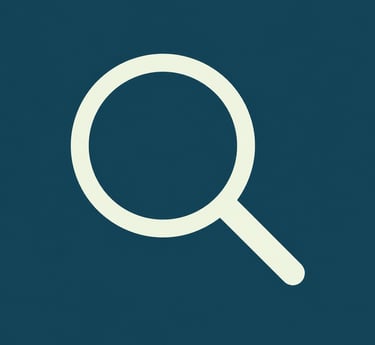 Minimalist white magnifying glass search icon on a dark teal background.