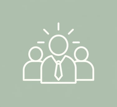 White line icon of a business leadership team with a glowing mentor figure on a sage green background.