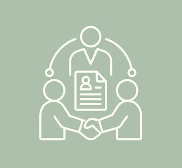 White line art icon showing a hiring manager and candidate shaking hands over a job resume profile.