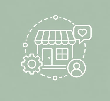 White line icon showing small business shop management with customer profile and gear icons.