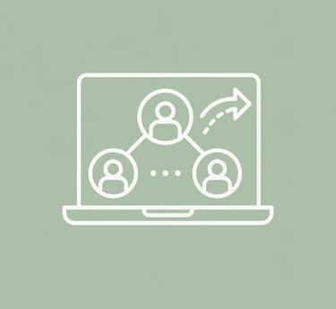 Laptop screen icon displaying a connected network of people icons with an arrow for digital communication.