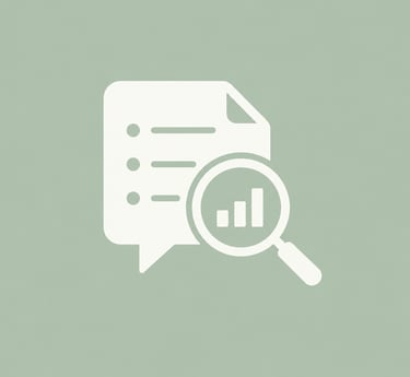 White data analysis icon with magnifying glass, bar chart, and document on green background.
