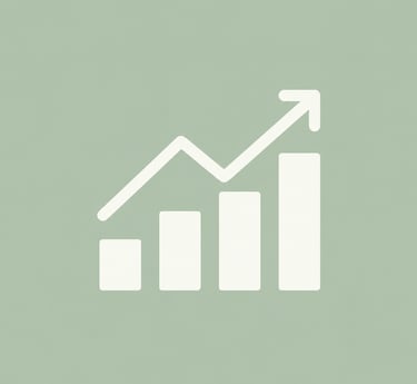A white bar chart icon with an upward trending arrow on a sage green background representing business growth.