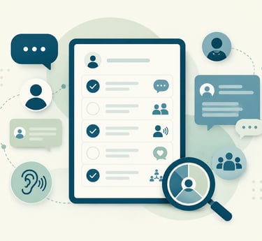 Flat illustration of digital communication tools, a magnifying glass, and a user checklist for accessibility.