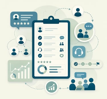 Customer relationship management CRM dashboard showing data analytics, customer reviews, and support icons.