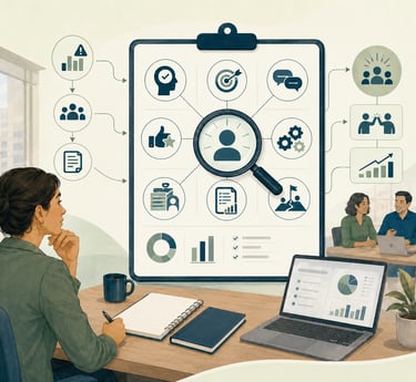 Professional woman analyzing employee performance data and HR metrics on a large digital clipboard.